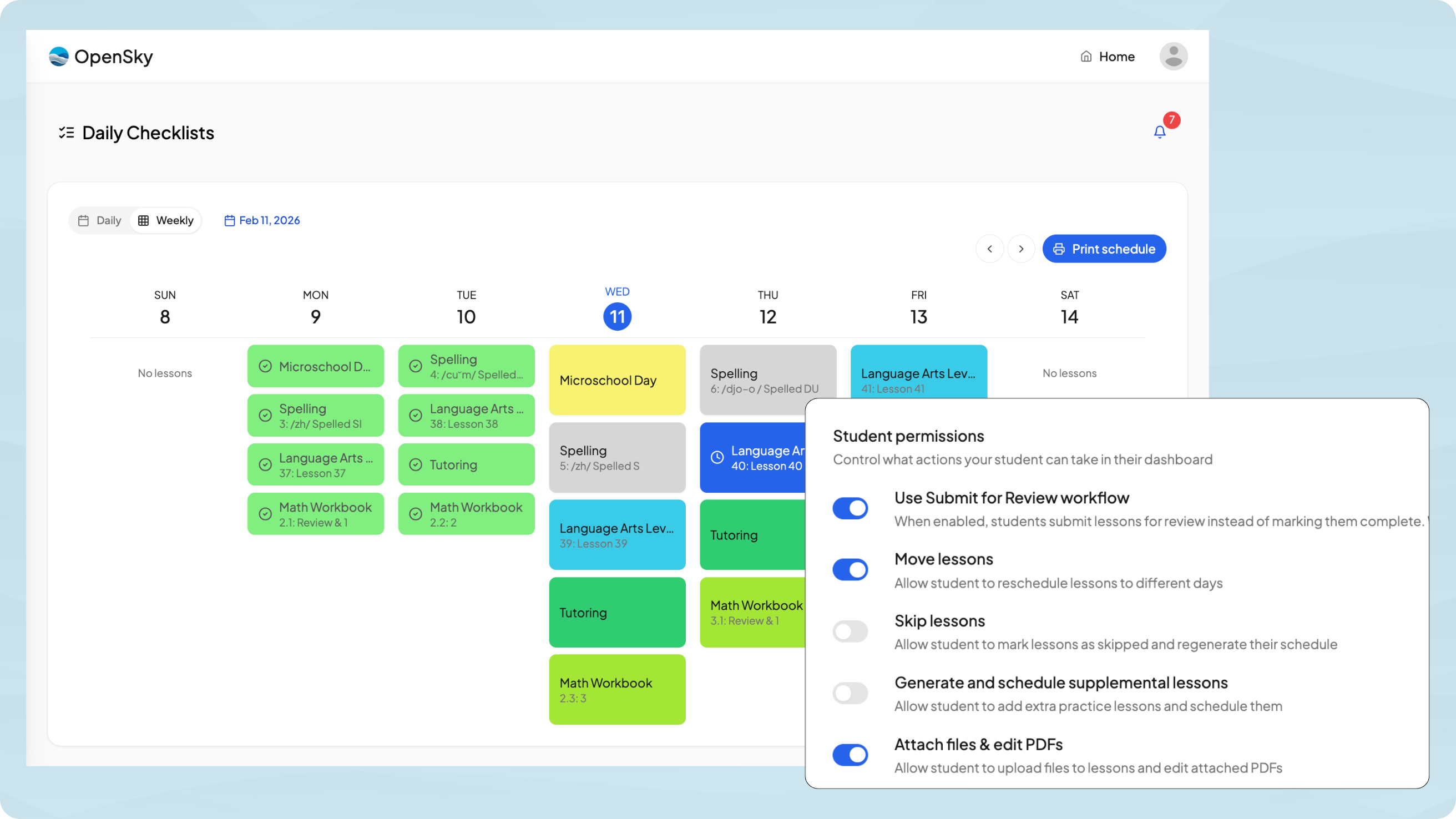Student dashboard with daily checklist