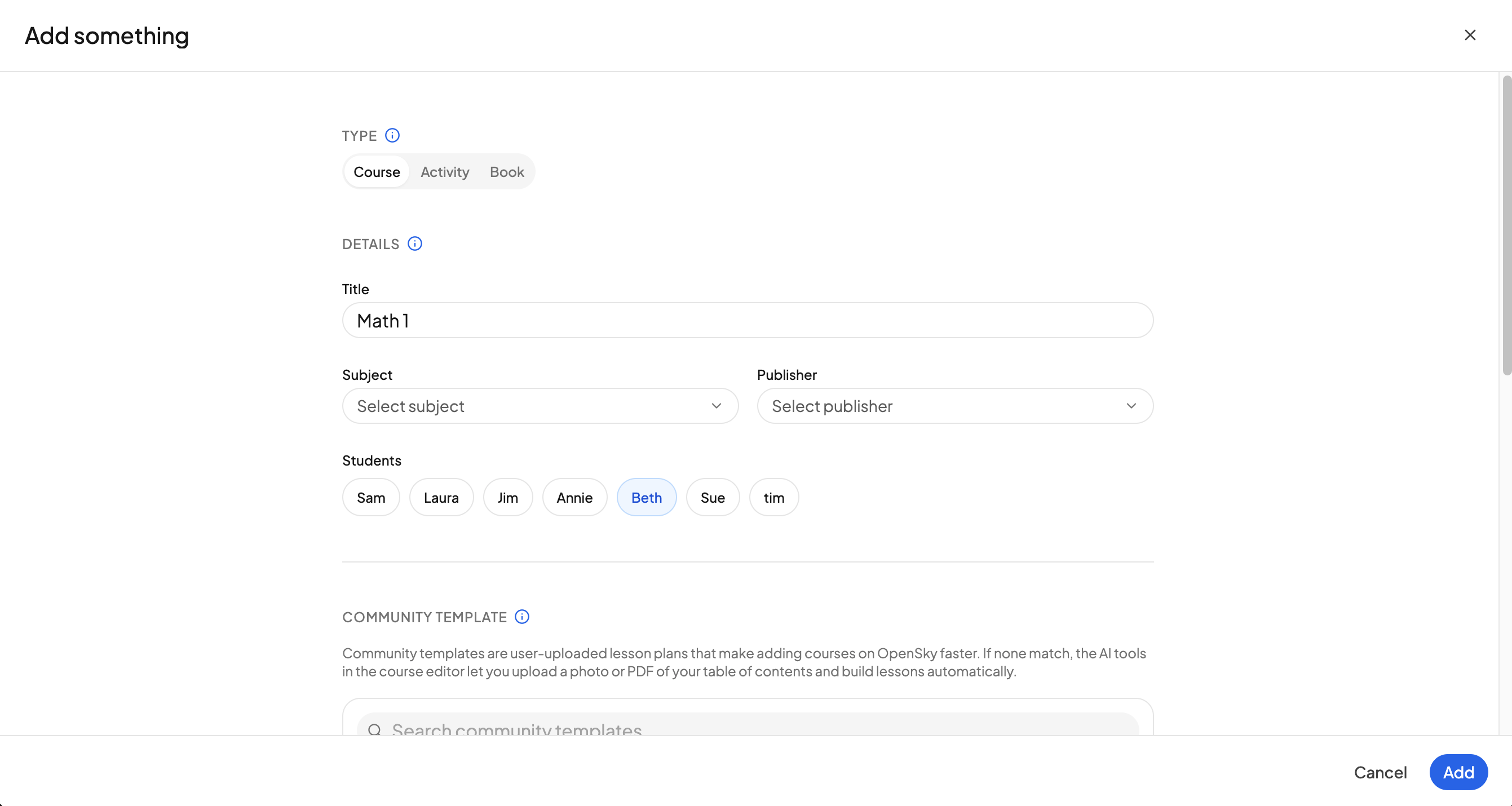 The Add dialog with the course type, title, and students filled in