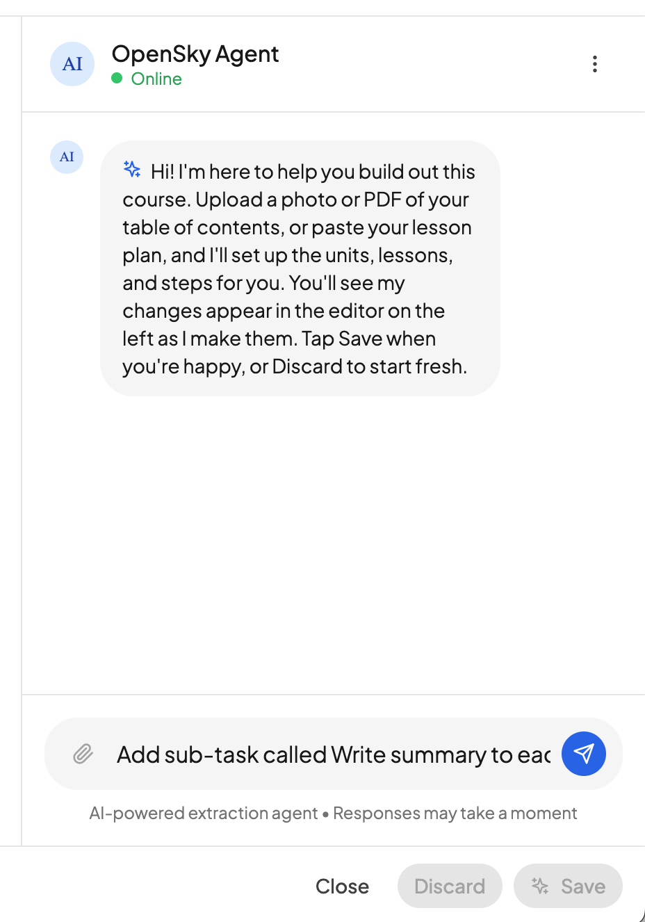 The OpenSky agent panel with a bulk edit request typed in