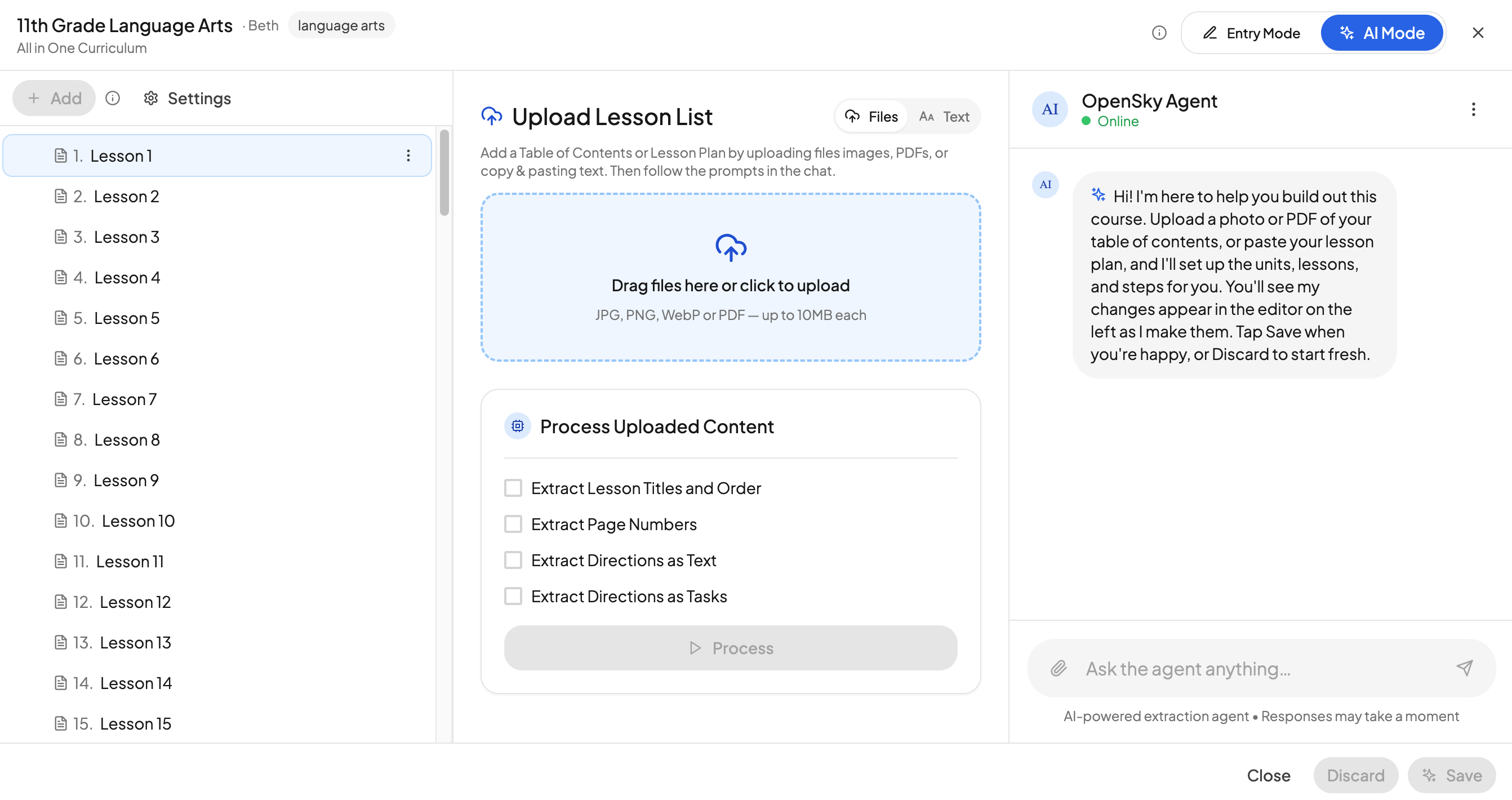AI mode in the course editor with the upload area and extraction options