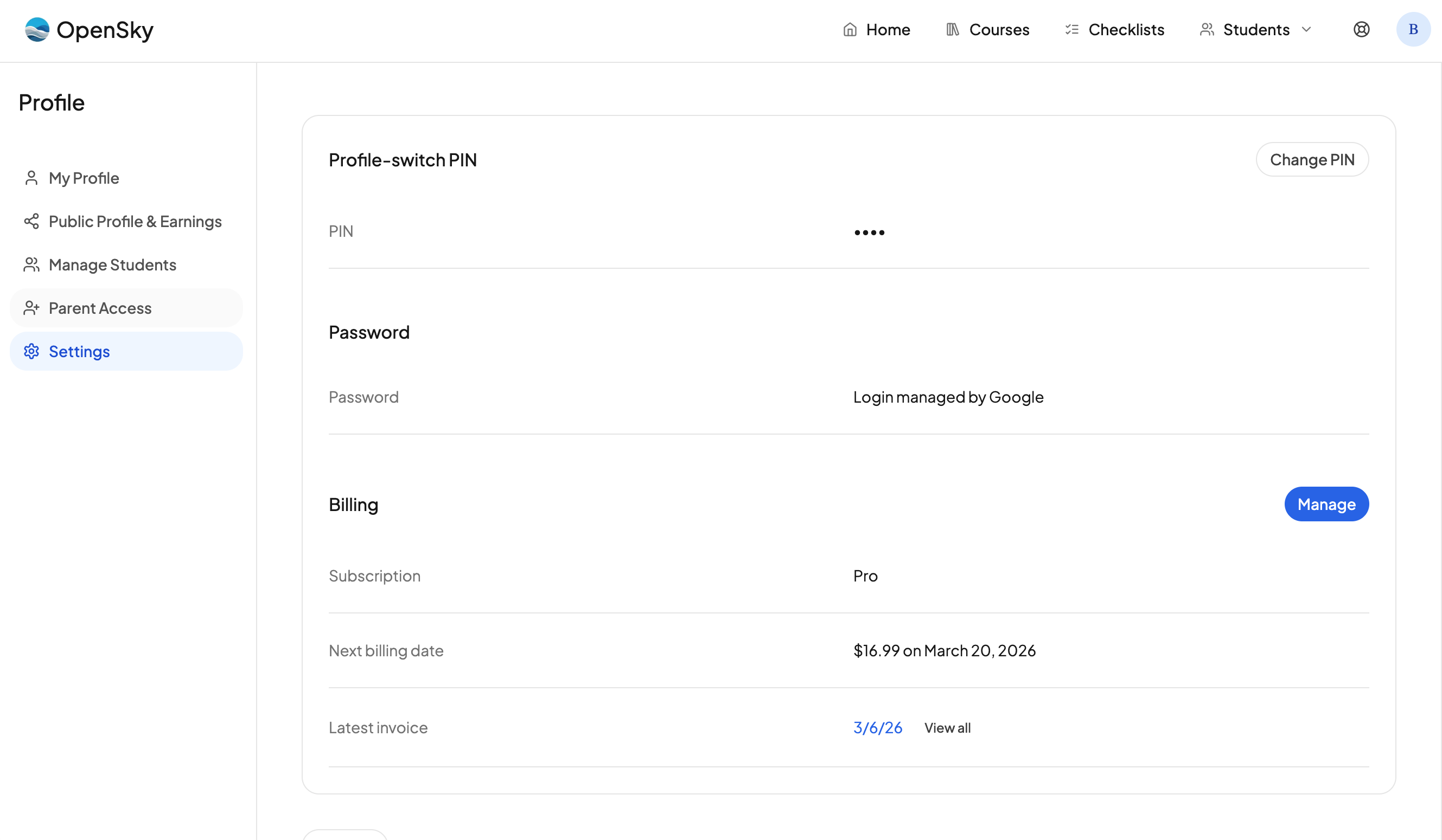 The billing section in settings showing the manage button and latest invoice row