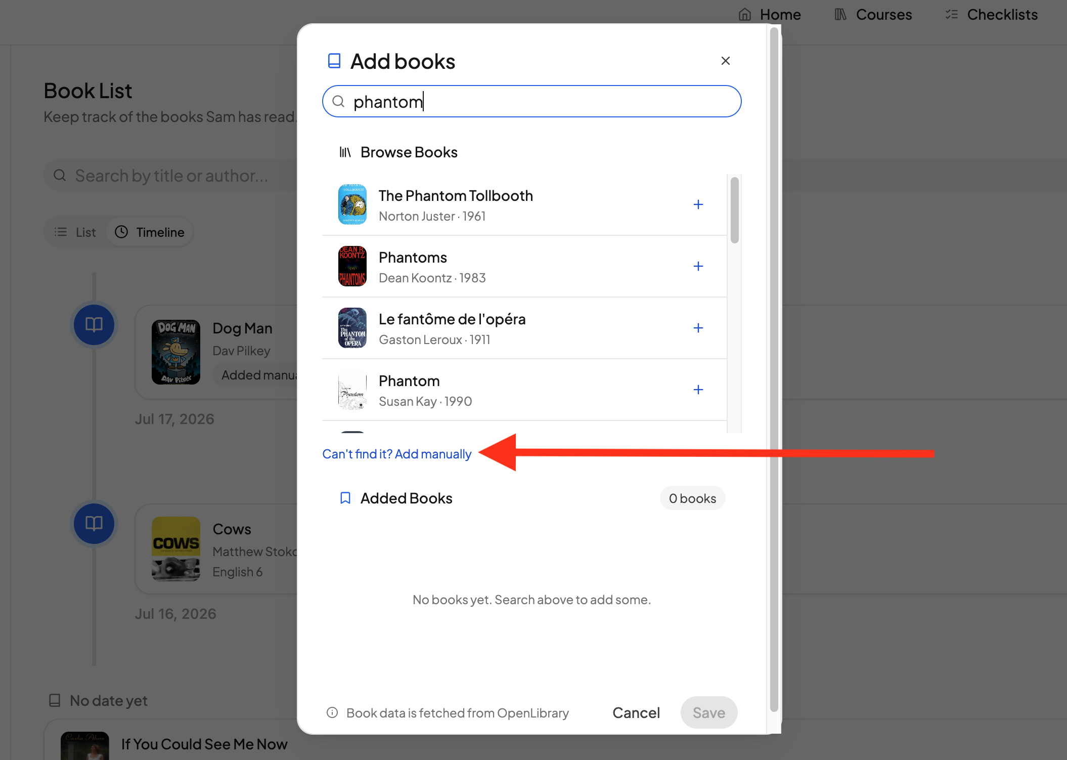 The book list with the search field and the manual add link highlighted