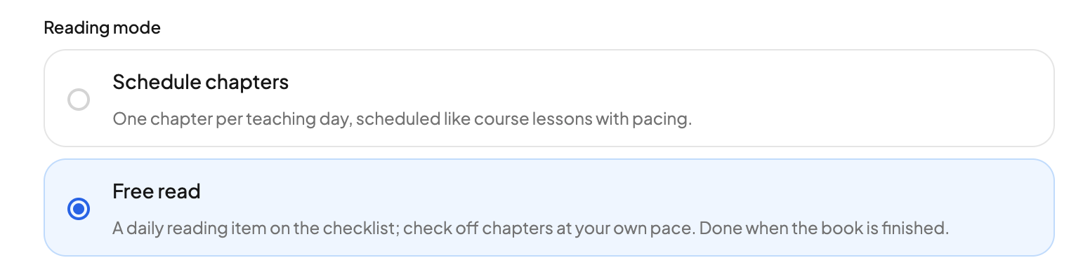 The book enrollment page with the scheduled chapters and free read options