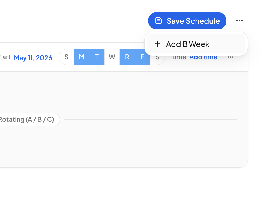 The builder overflow menu with the Add B Week option