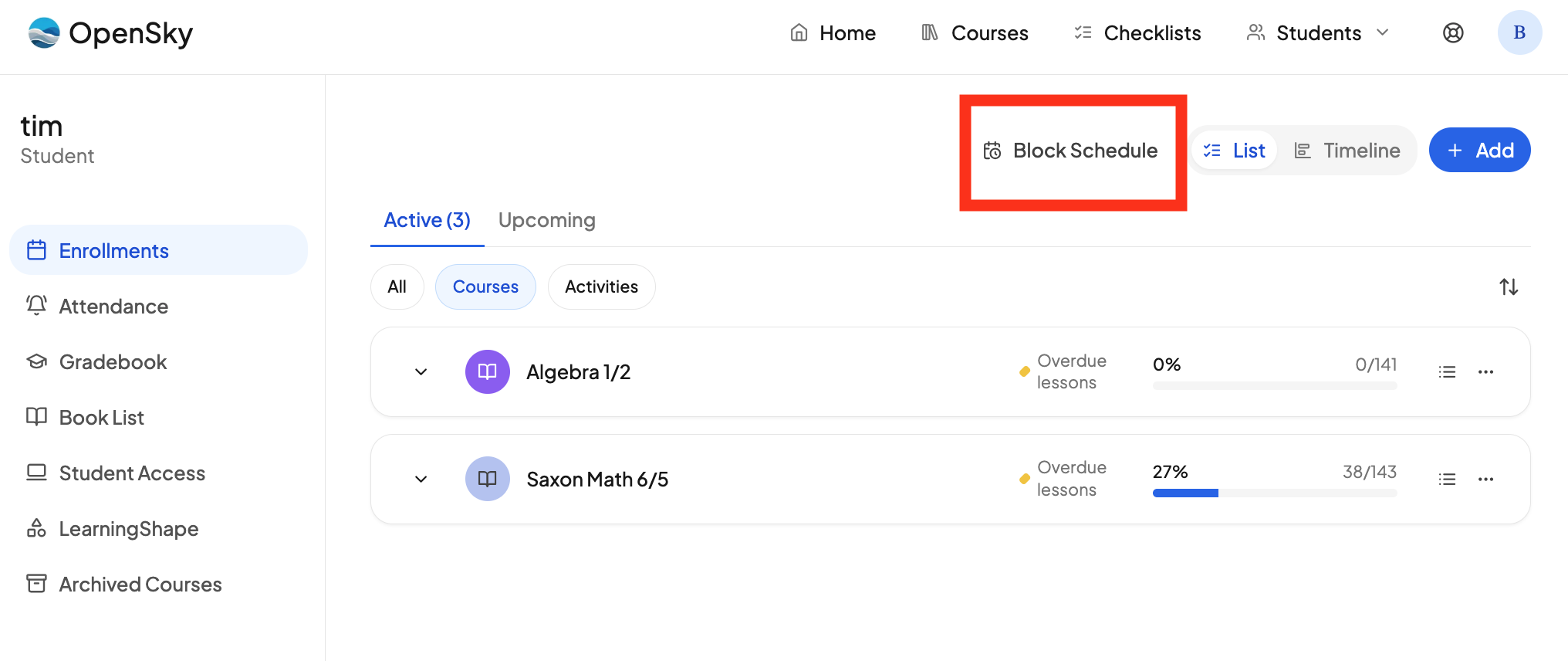 The student dashboard toolbar with the Block Schedule button
