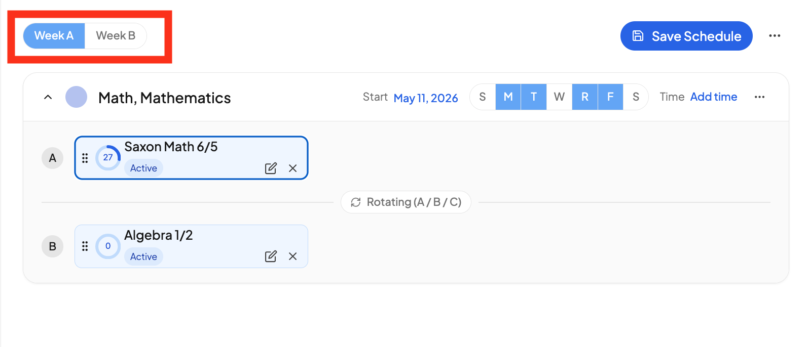 The Week A and Week B toggle in the builder toolbar