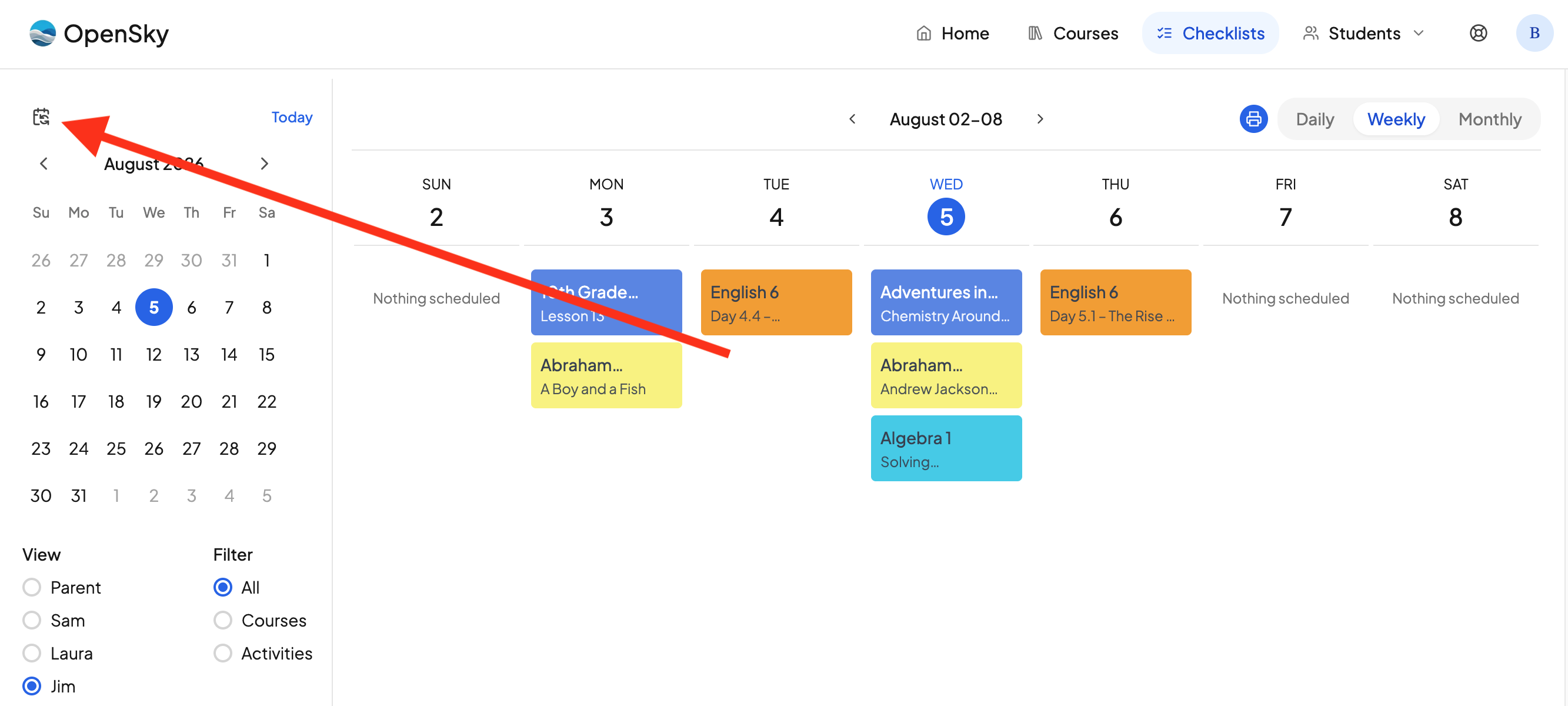 The calendar sync icon in the top left corner of the checklist