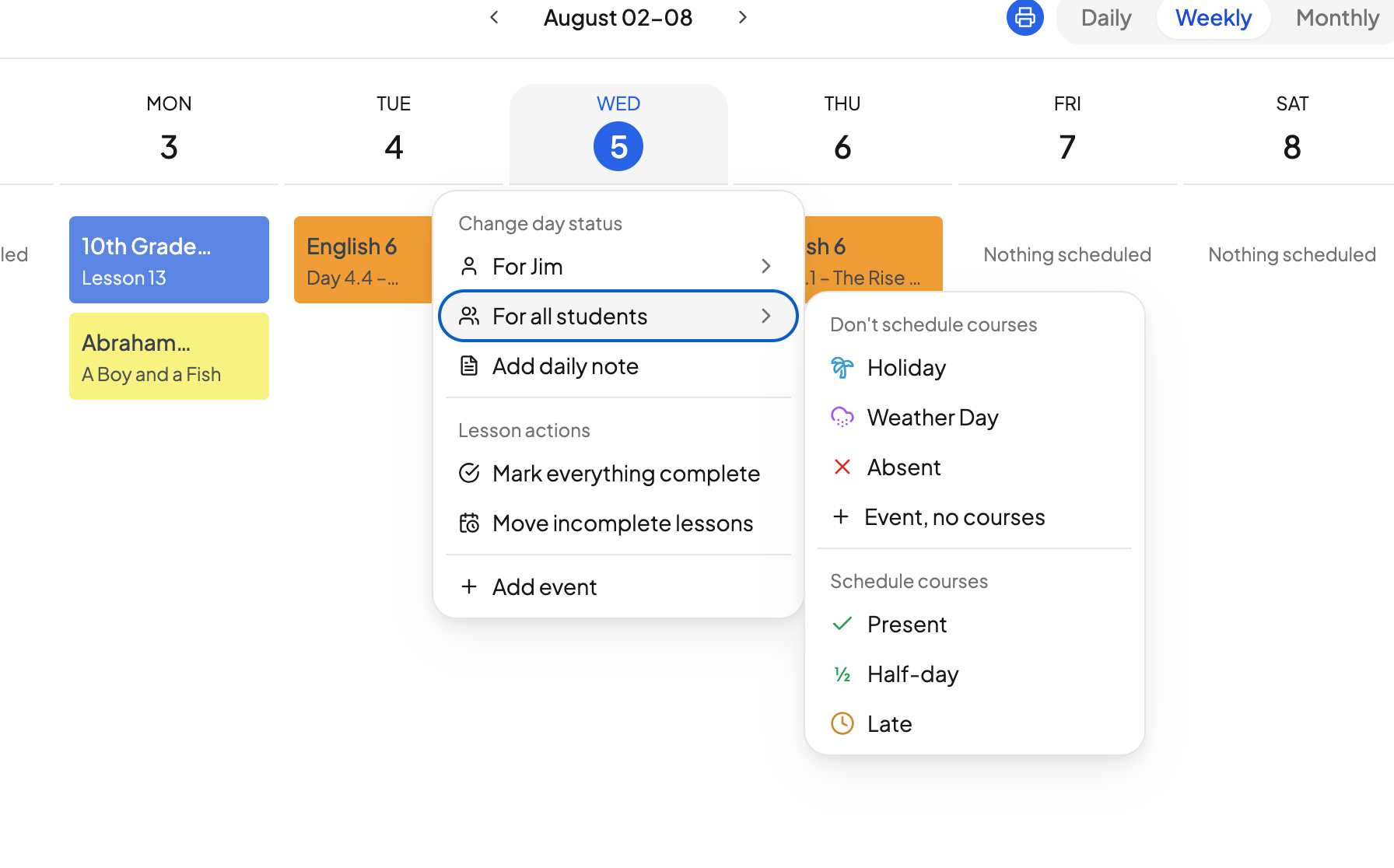 The day action menu with Event, no courses selected and an event being added