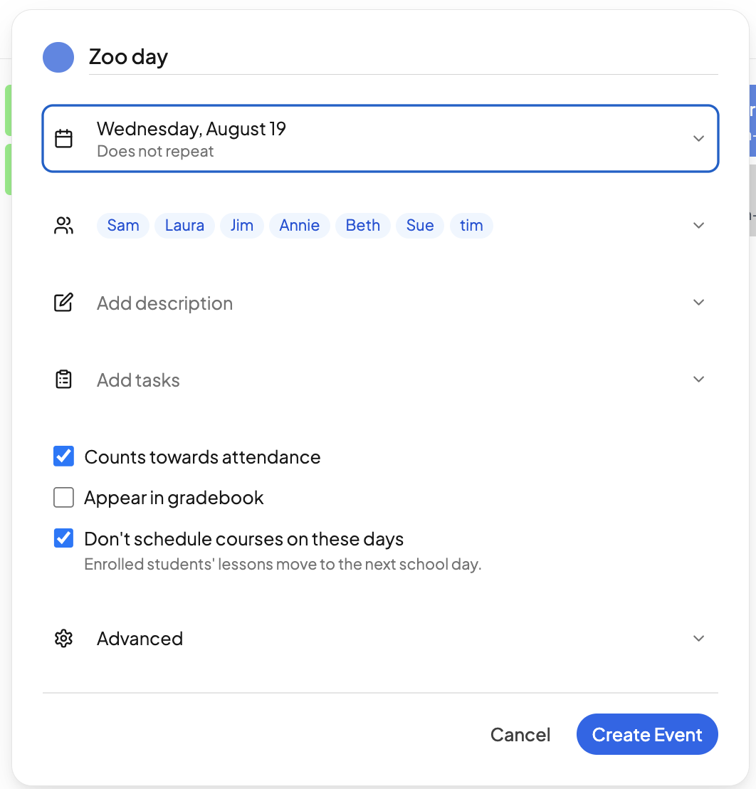 The event modal