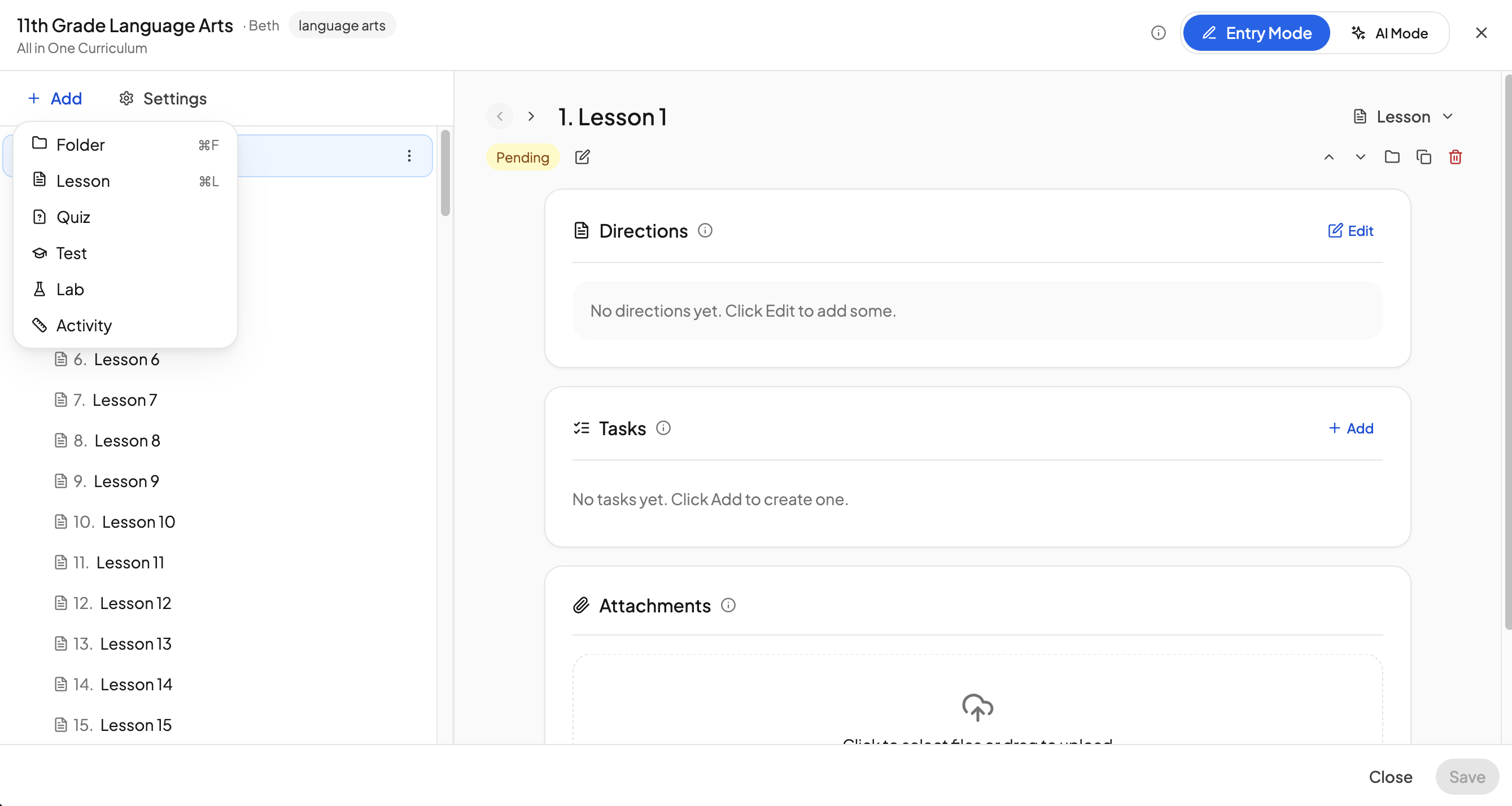 The course editor with folders and lessons, and a lesson open showing directions, subtasks, and attachments
