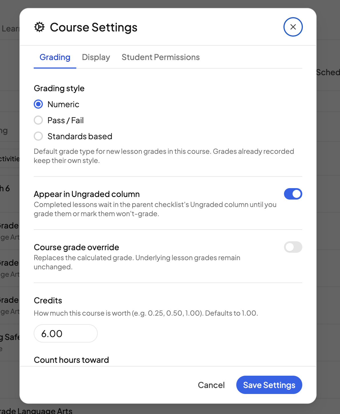 The Grading tab of Course Settings