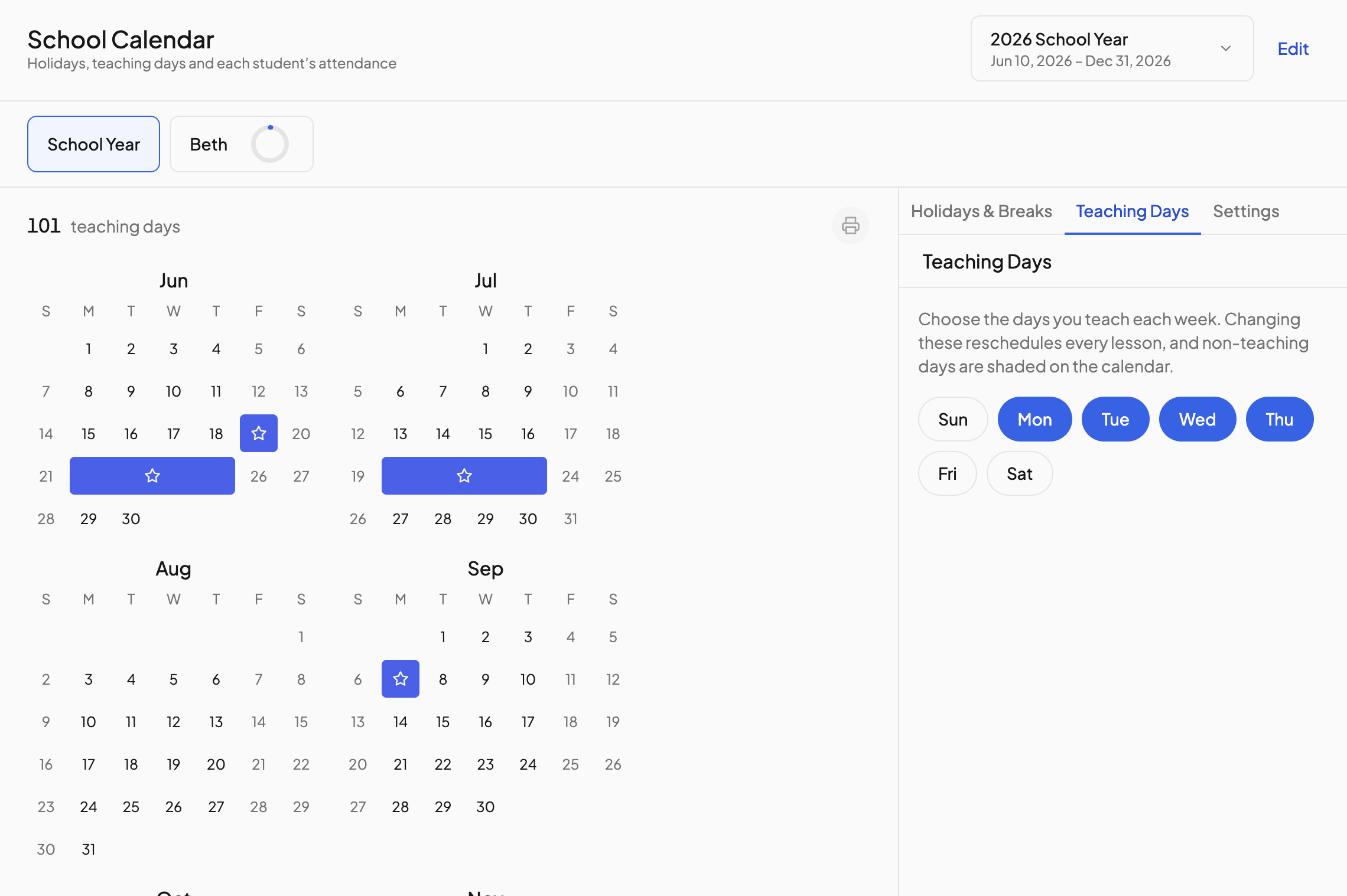 The calendar header with the school year picker and the Edit button beside it