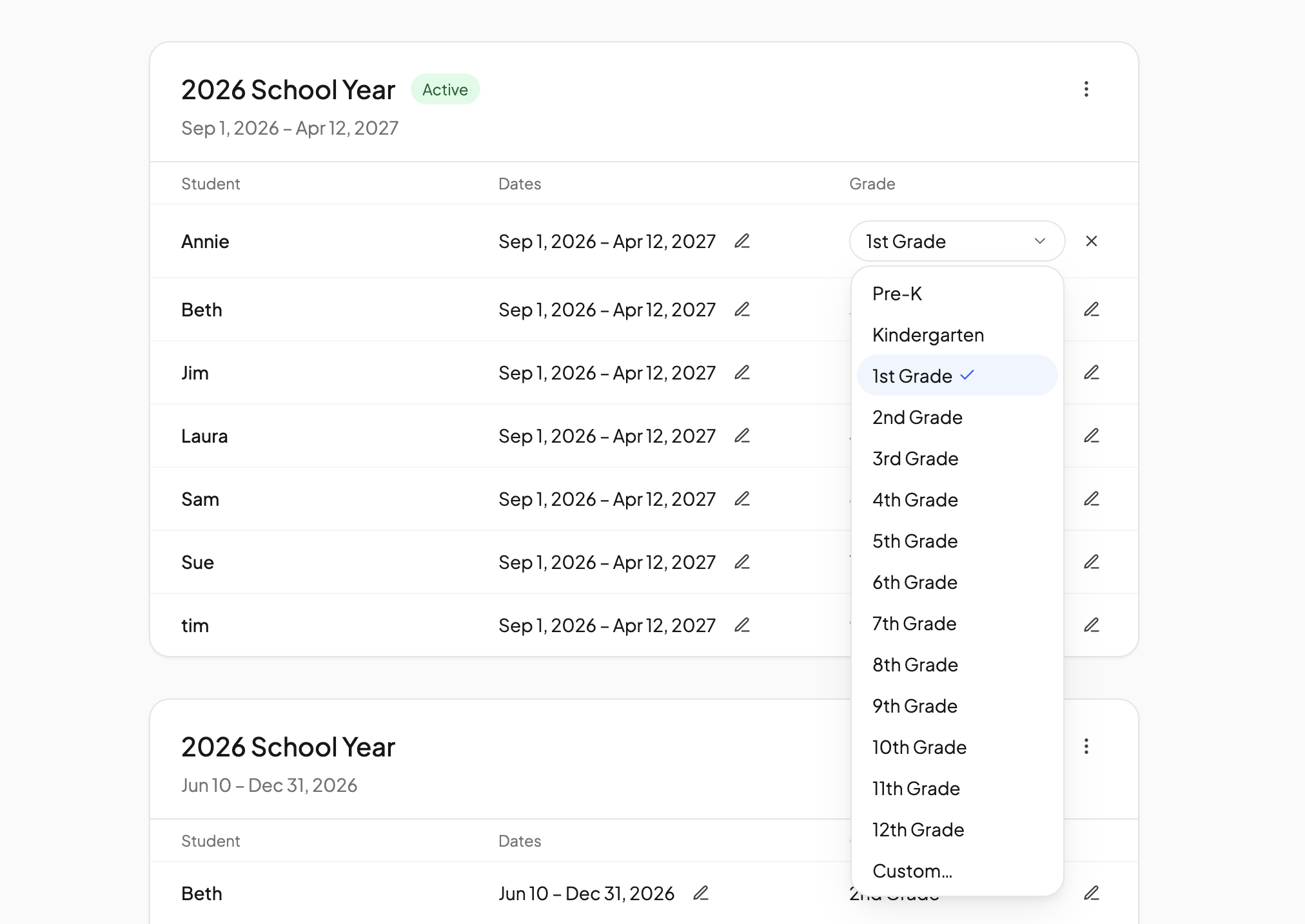 The grade dropdown open on a student's row, with the Custom option at the bottom