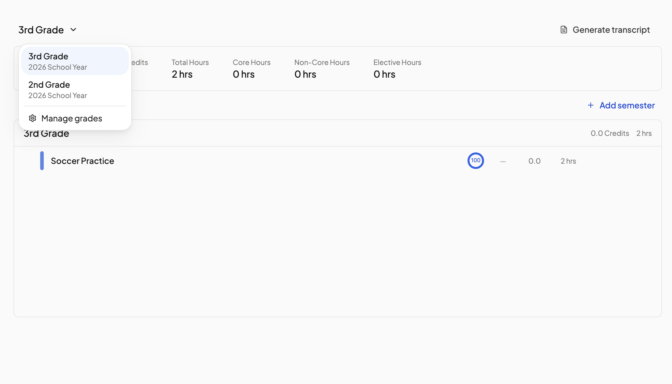 The gradebook header with the grade dropdown open, showing Manage grades at the bottom