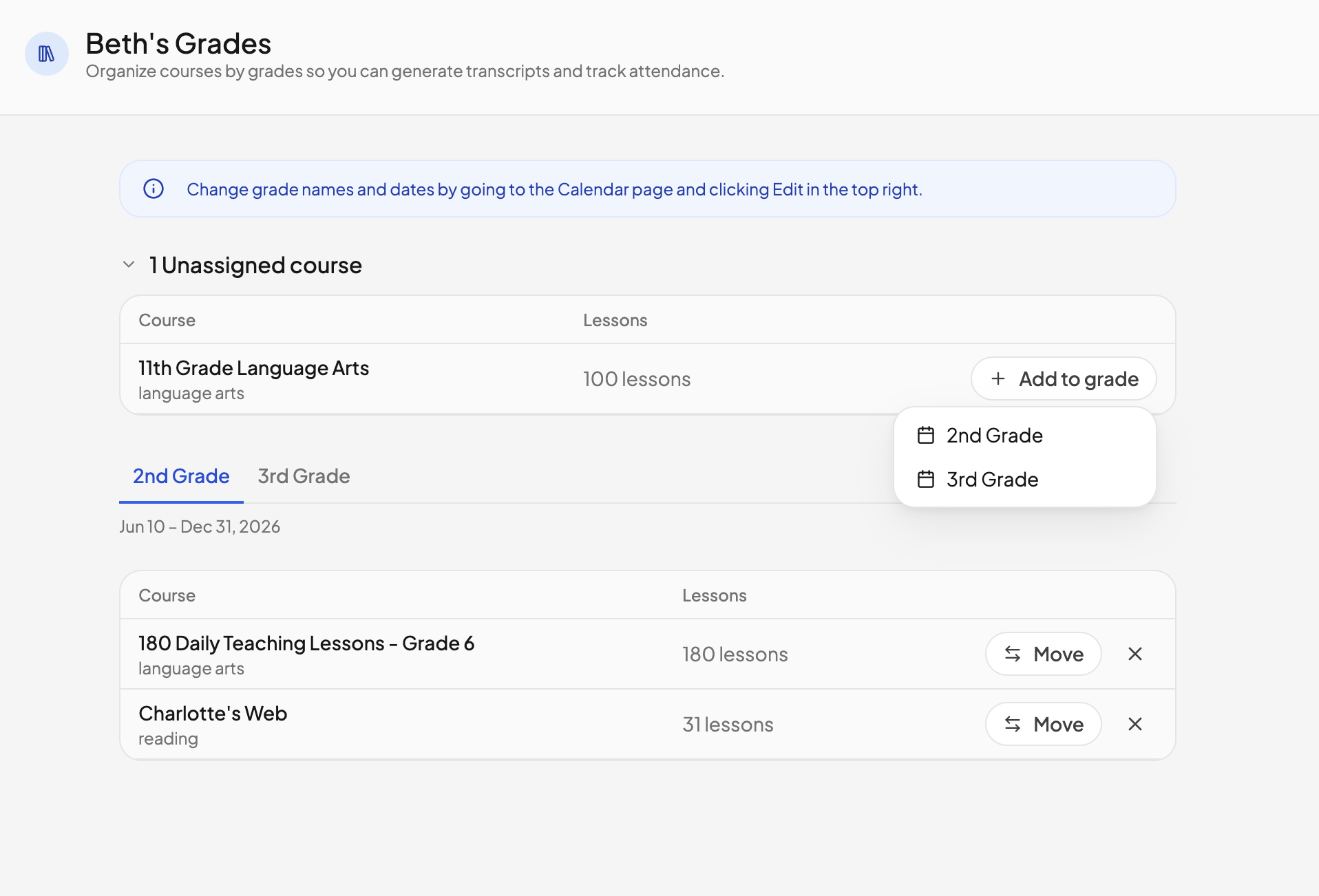 The grade organizer with the unassigned course list expanded above the grade tabs