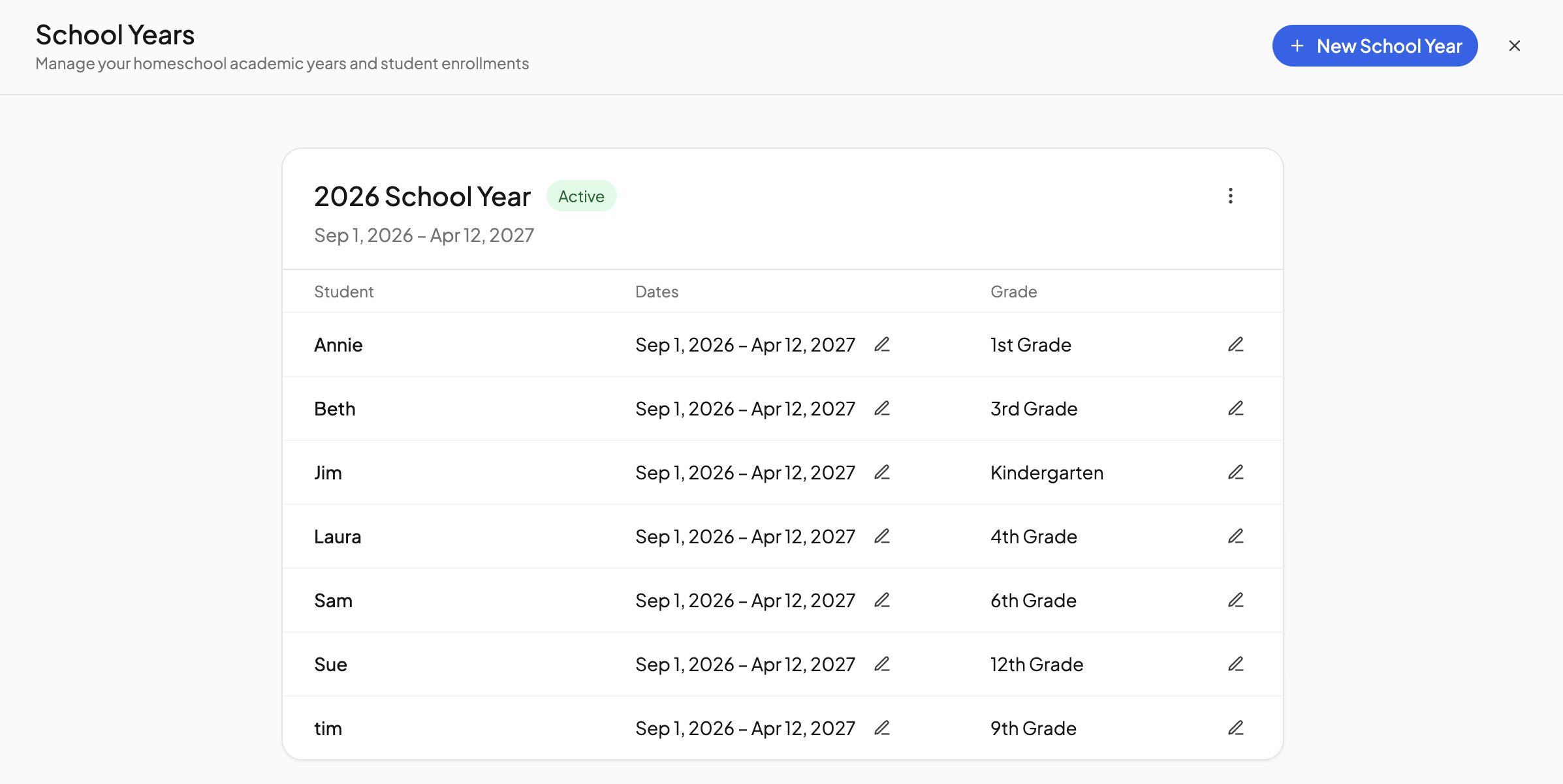A school year card in School Years, listing each student with their dates and grade