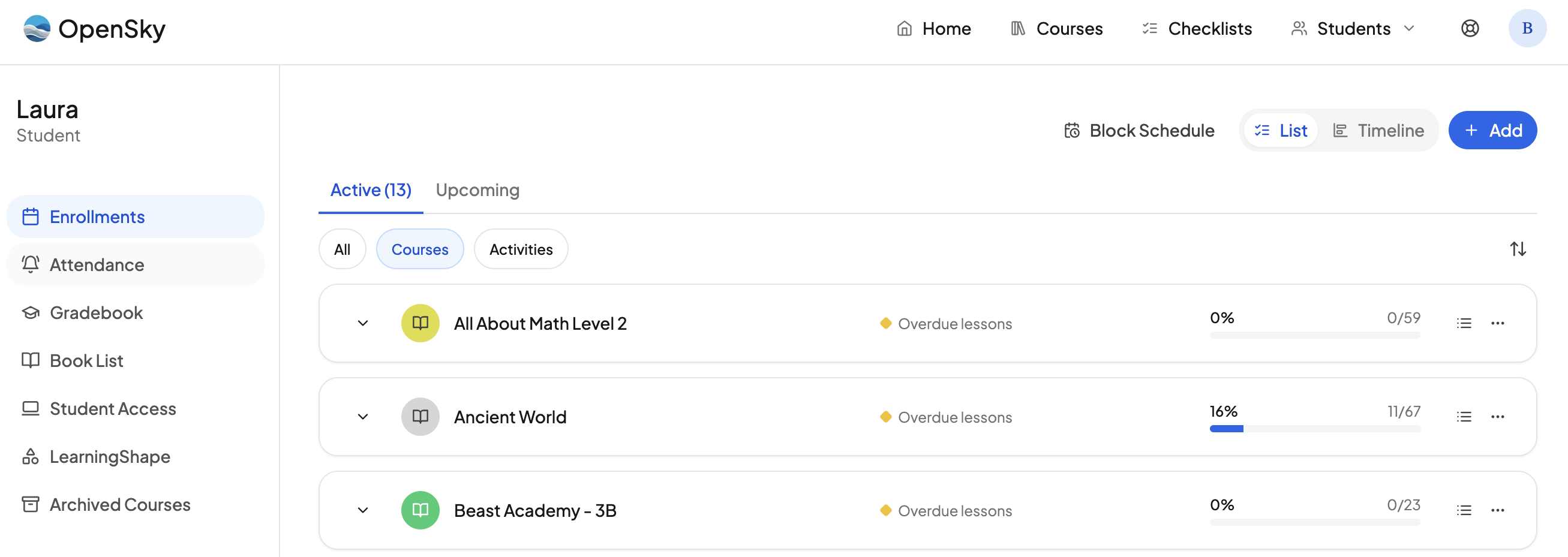 An expanded course in the course list showing a column of Overdue badges on the lessons