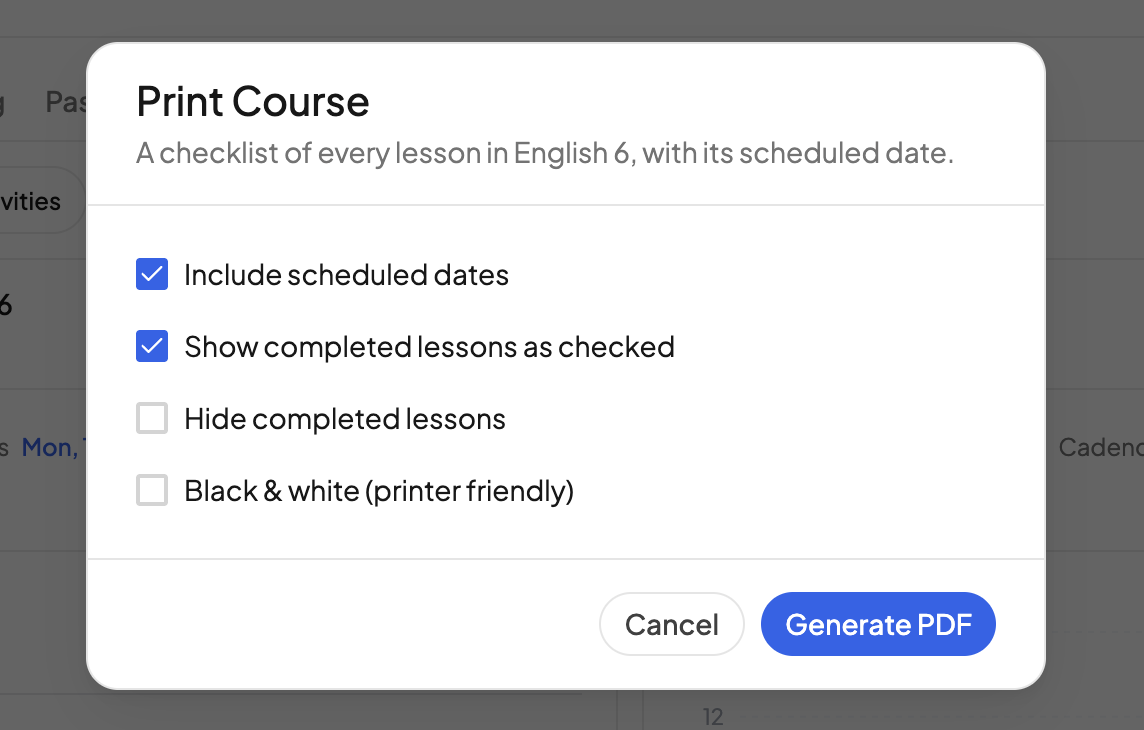 The Print Course dialog