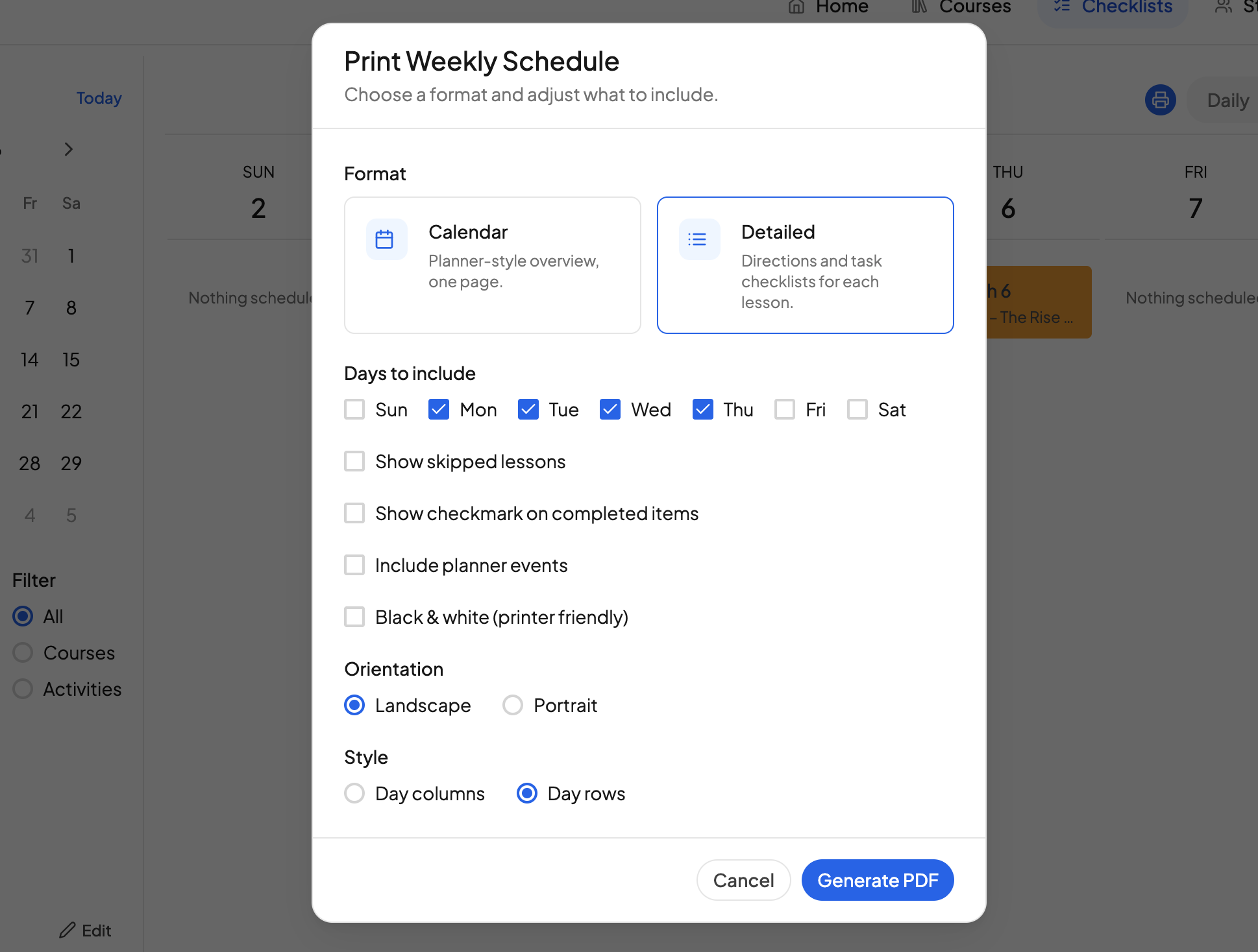 Side by side comparison of the calendar and detailed print formats