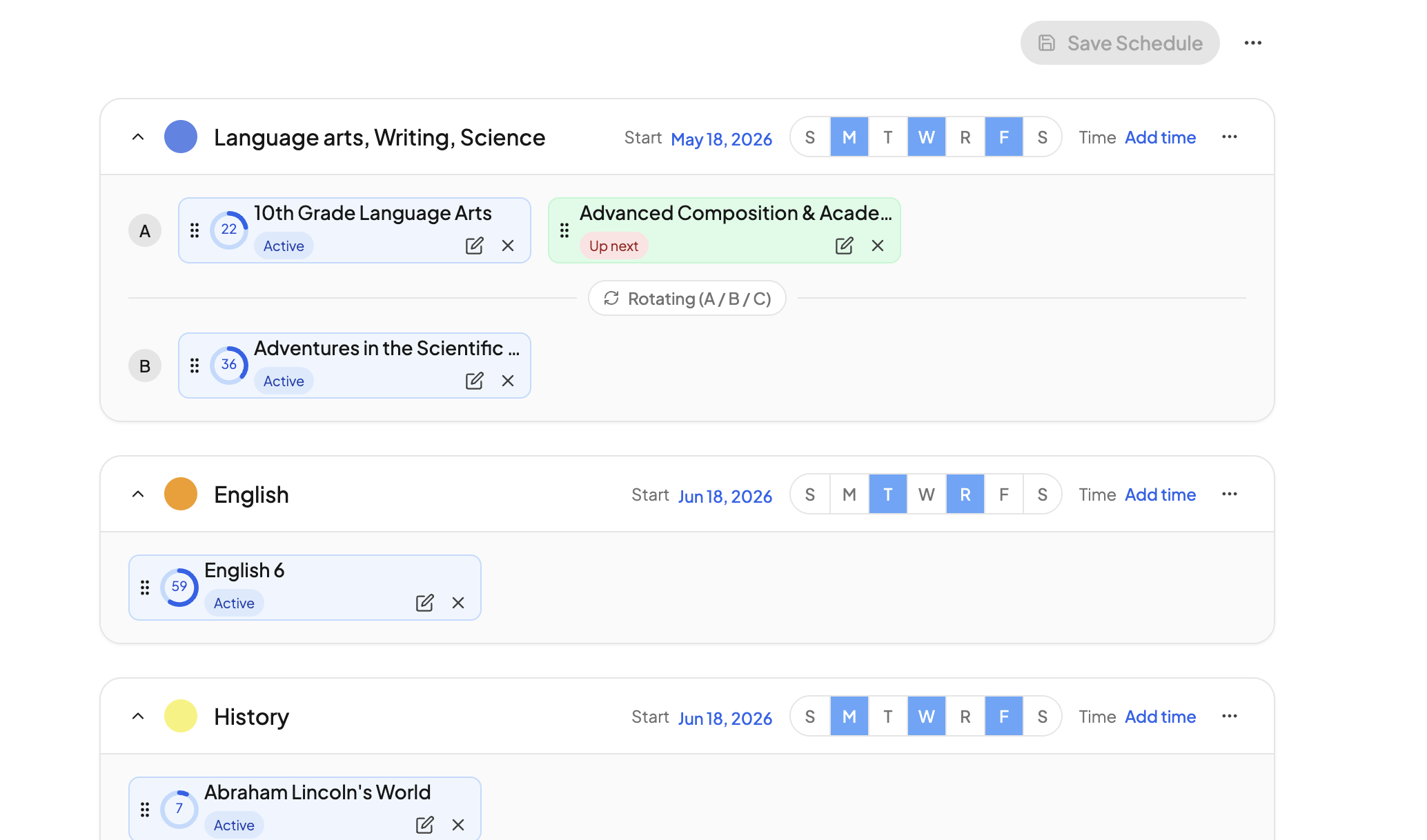 The block schedule builder showing a block with two rows of course cards