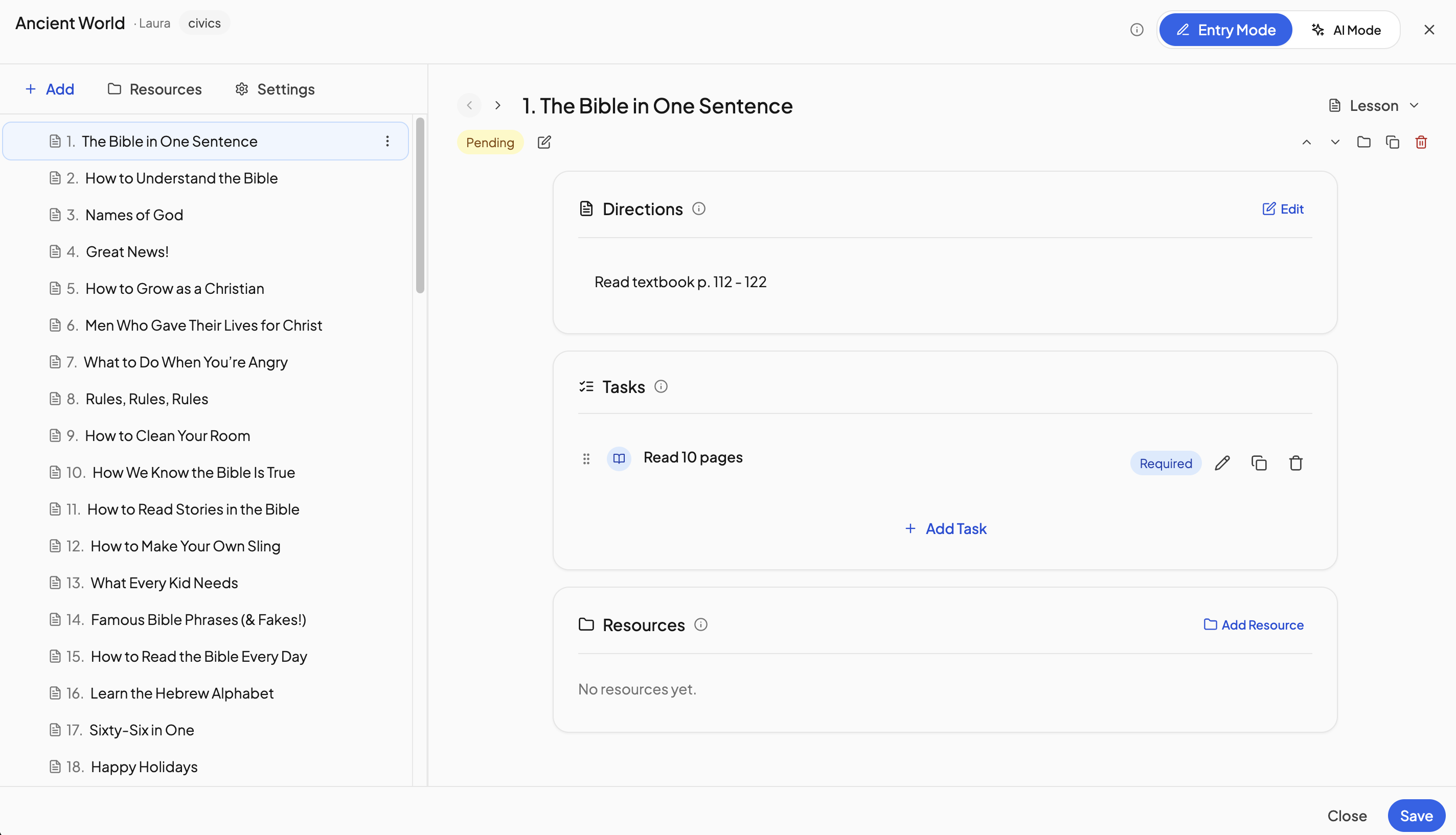 The course editor in Entry Mode