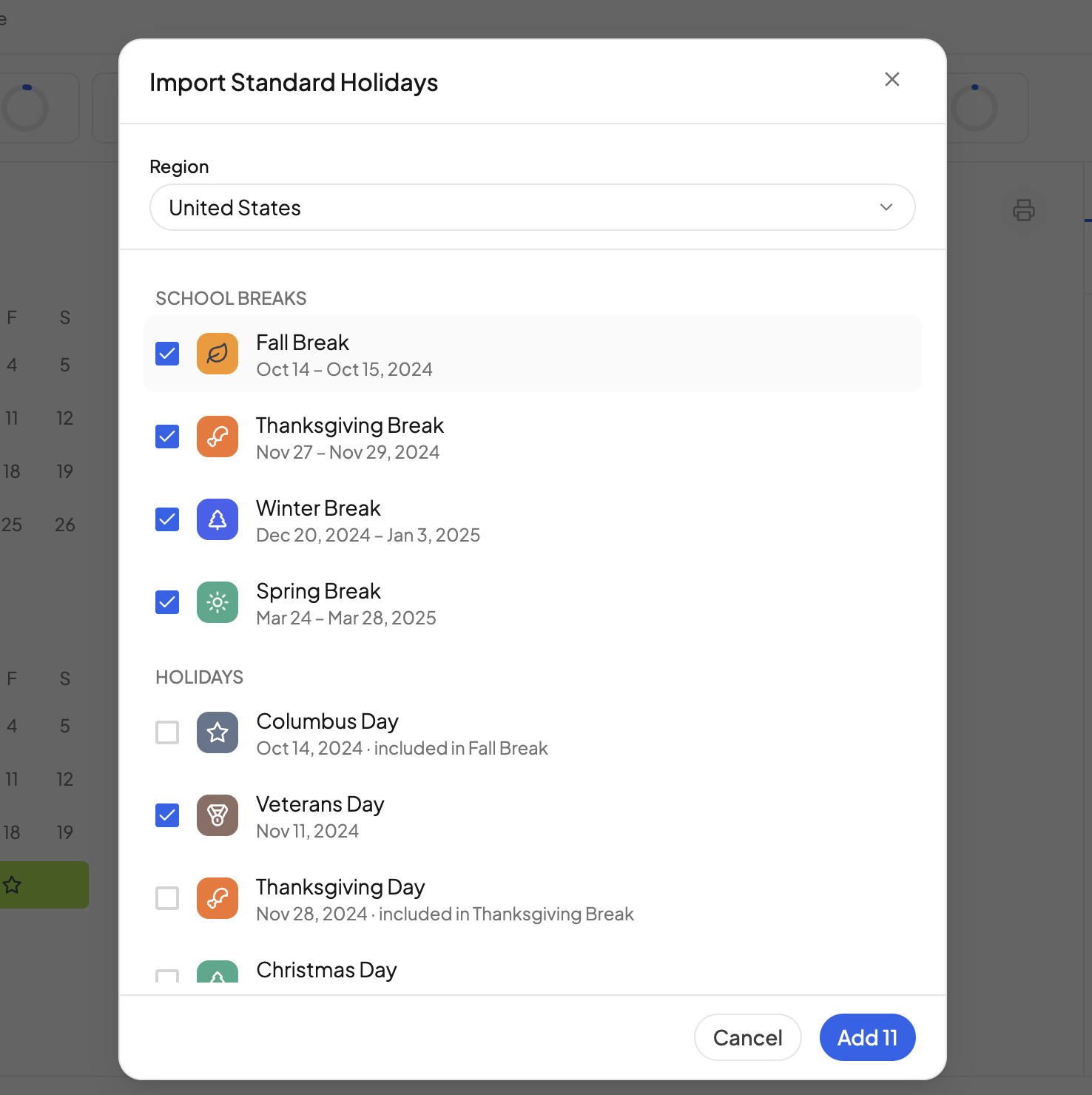 The Import Standard Holidays dialog