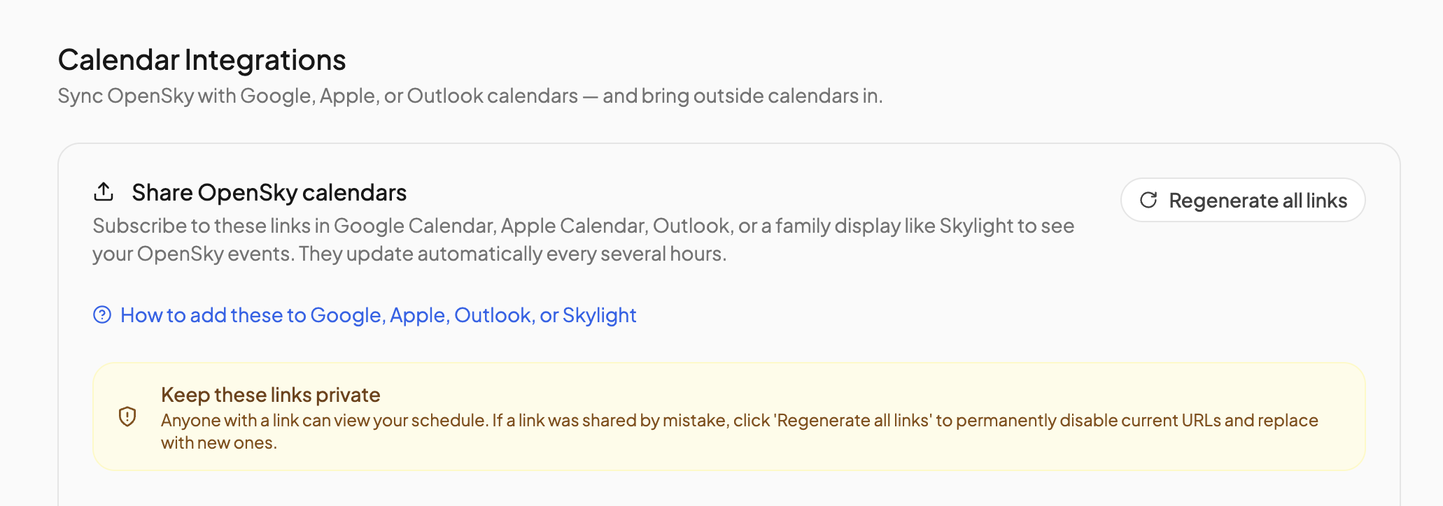 The Calendar Integrations page with one calendar expanded