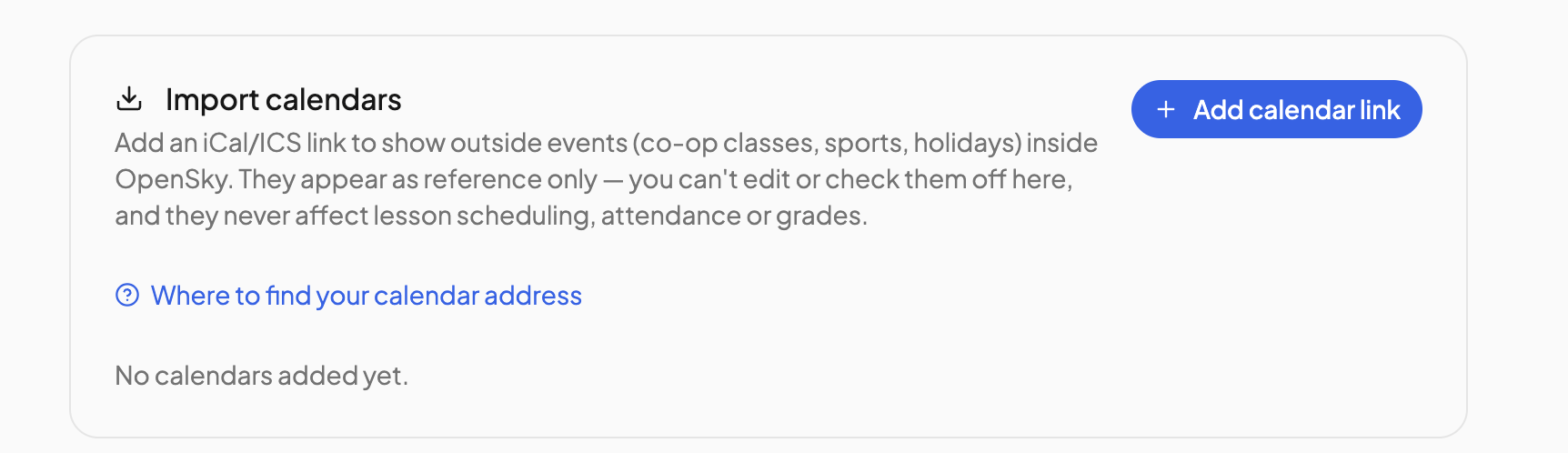 The Import calendars section on the Calendar Integrations page