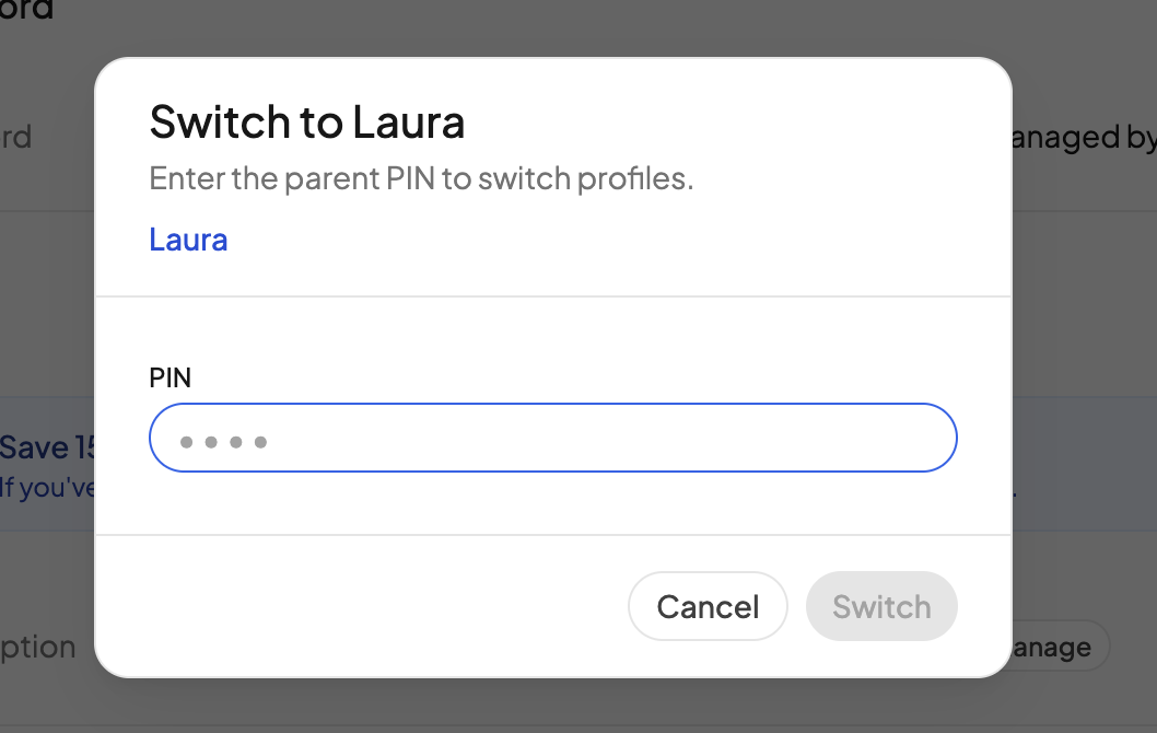 The profile switch prompt asking for a PIN