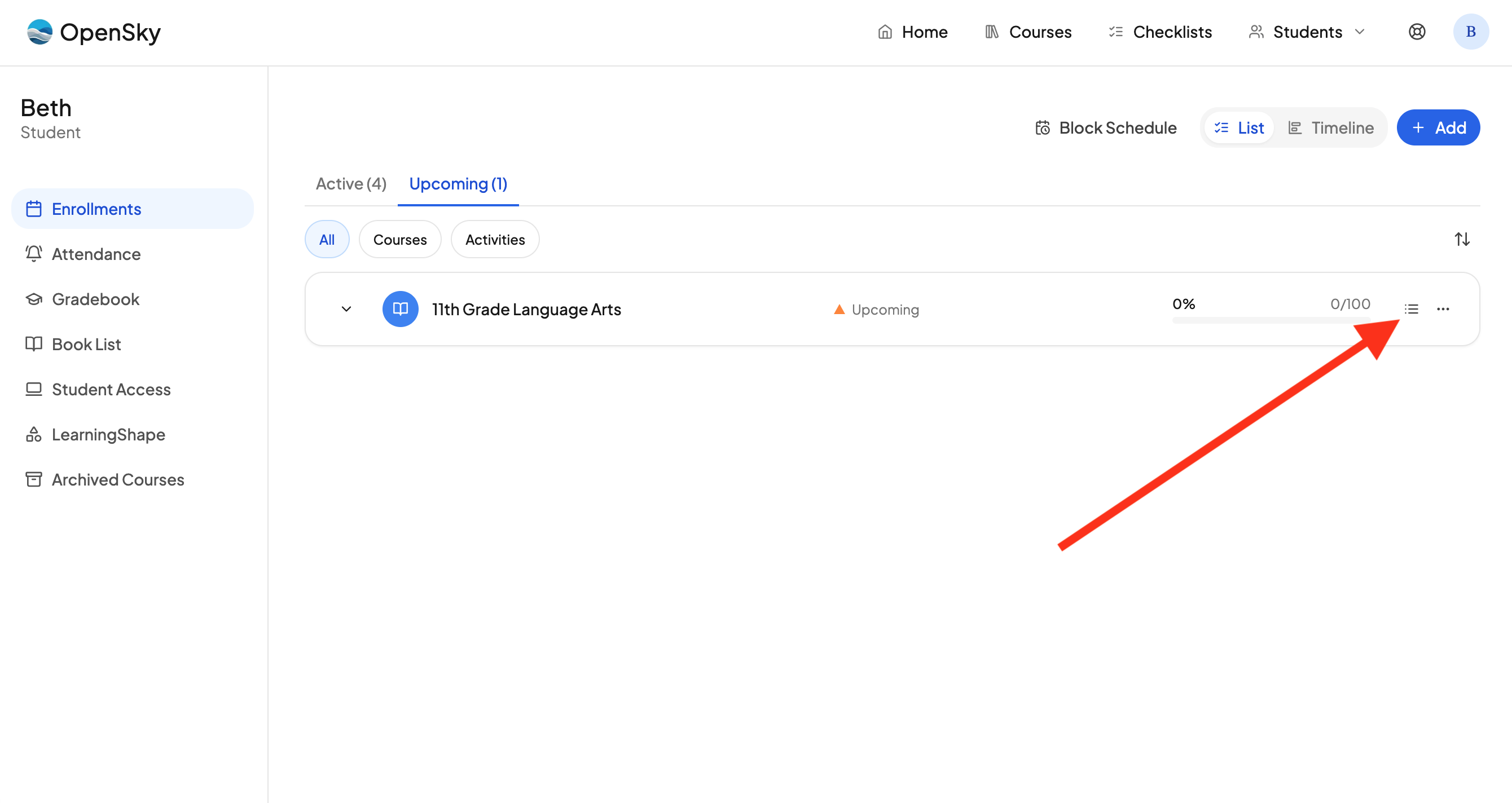 A course in the course list with the lesson list icon and more menu highlighted