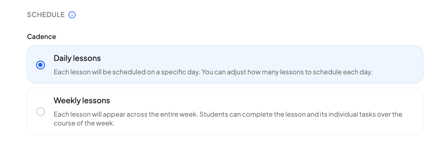 The Add dialog's Schedule section with the Daily lessons and Weekly lessons cadence cards