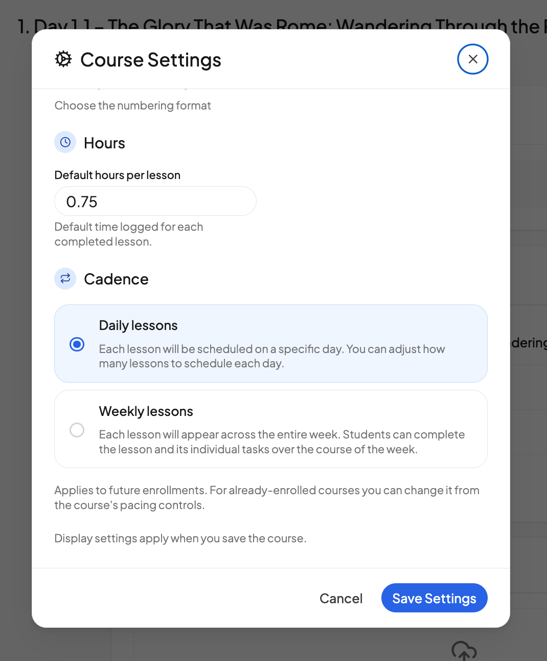 The new course template dialog with the cadence choice